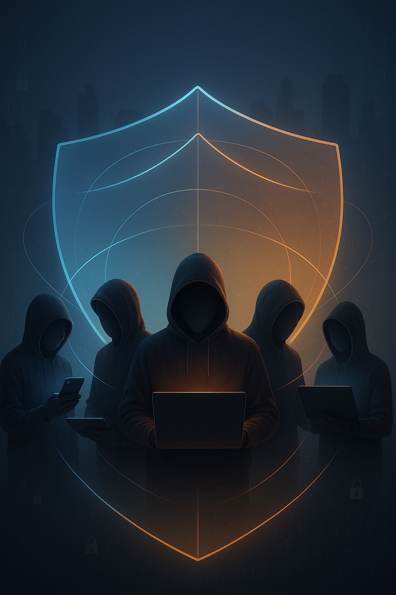 People and devices represented together inside a protective shield